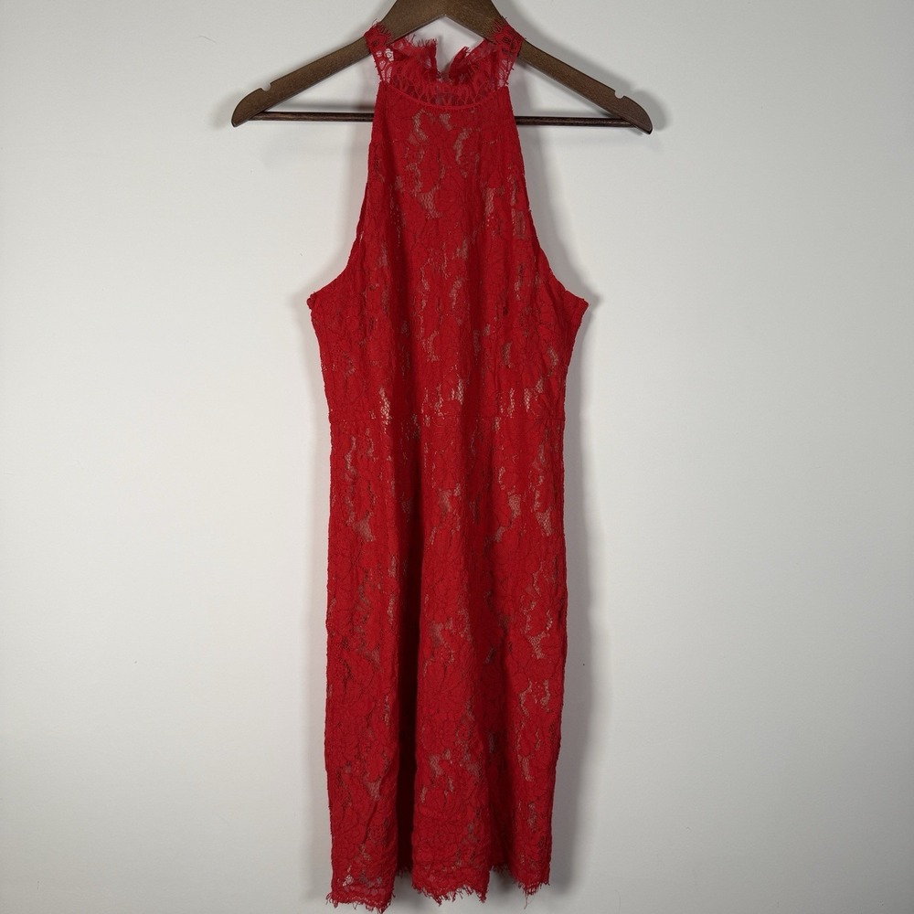 Women's Red Lace Dress Sleeveless Halter Sans Souci Size Medium‎